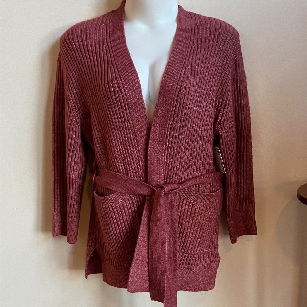 Nine West Women's Ribbed Knit Cardigan with belt cranberry color women’s large